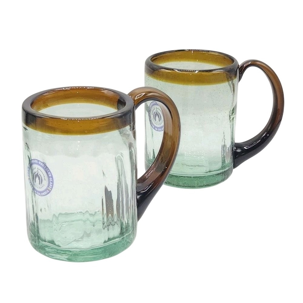 Artisan Recycled Glass Mugs Set of 2 Colombian Handmade Amber Green 16oz Barware
